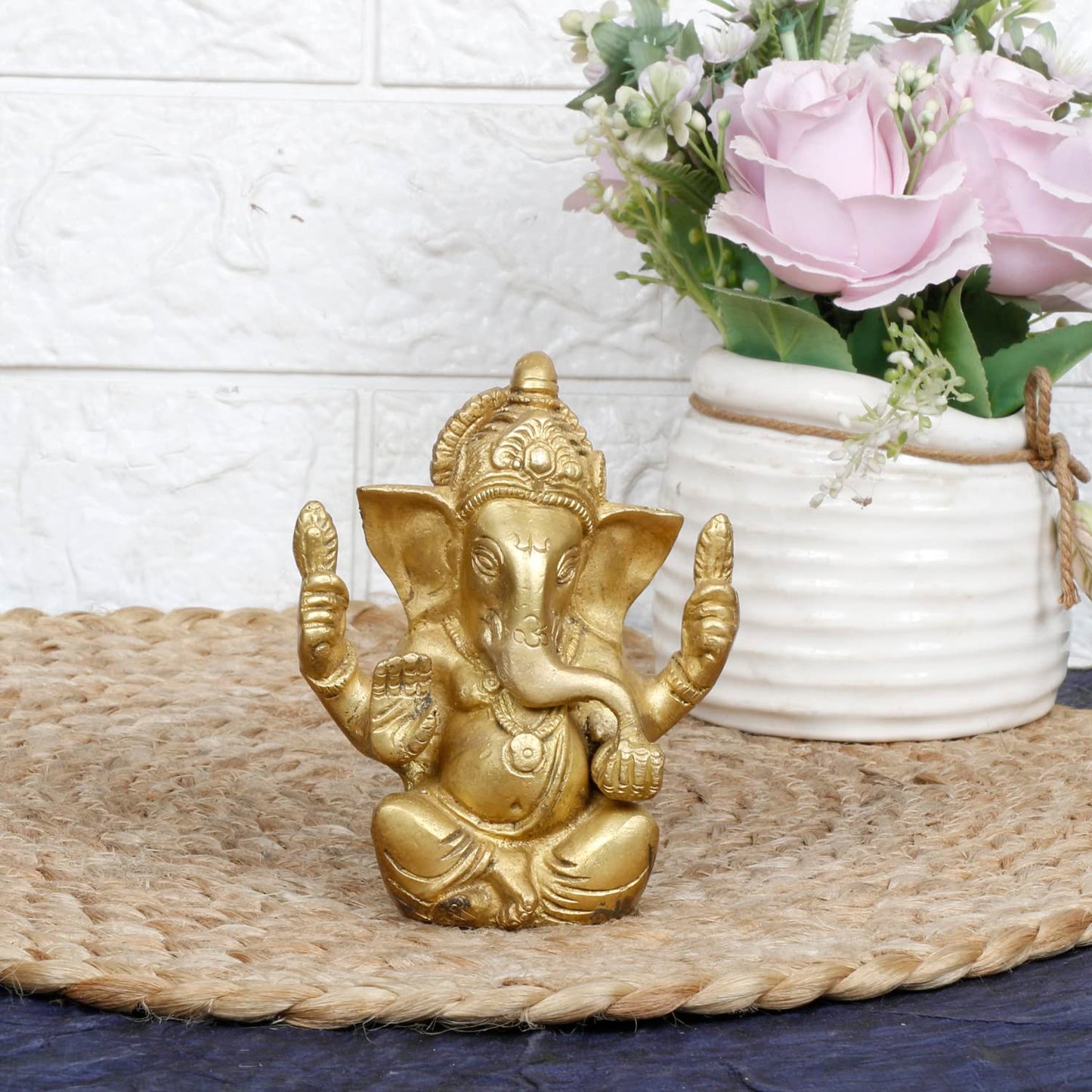 Brass Ganesh Bhagwan Idol Taj Ganesha Statue Ganpati Murti for Home Entrance Decor Diwali Gift 4.5 Inch