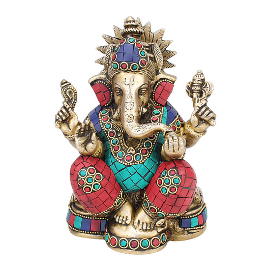 Brass Ganesha Murti Mangalkari Ganesh Idol Statue Figurine for Puja Decor Gift 6.5 Inch Multicolor