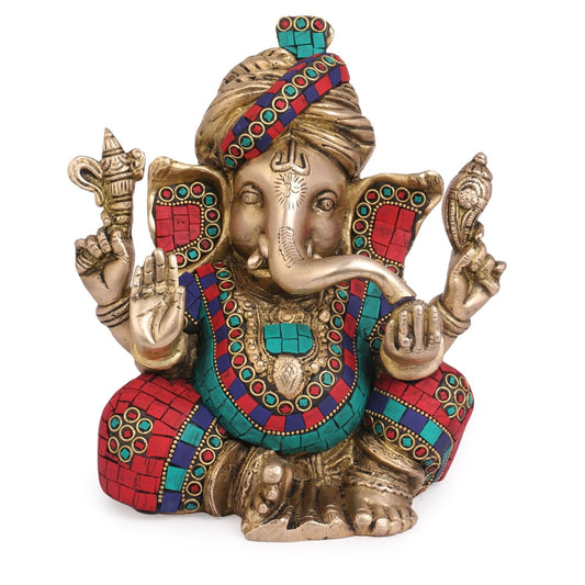 Brass Ganesha Pagdi Murti Turban Ganesh Idol Statue Figurine for Puja Decor Gift 8 Inch Multicolor