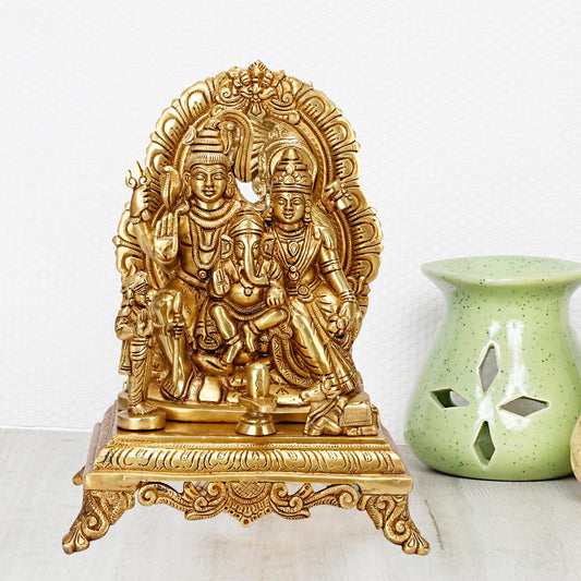 Brass Shiva Parvati Shiv Parivar Shankar Bhagwan Ganesh Family Murti Idol Statue Sculpture Gold Color Height 12 Inch