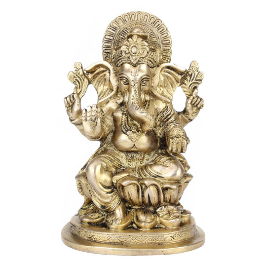 Brass Ganesha Murti Ganesh Sitting on Lotus Idol Statue Figurine for Puja Decor Gift 7 Inch Gold Color