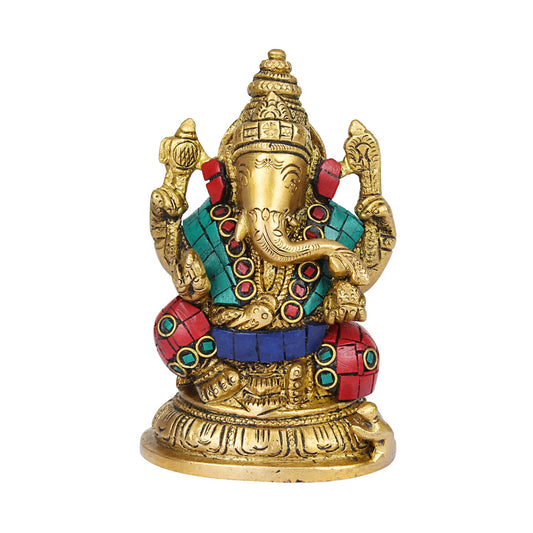 Brass Ganesha Murti Ganesh Idol Statue Figurine for Puja Decor Gift 5 Inch Multicolor