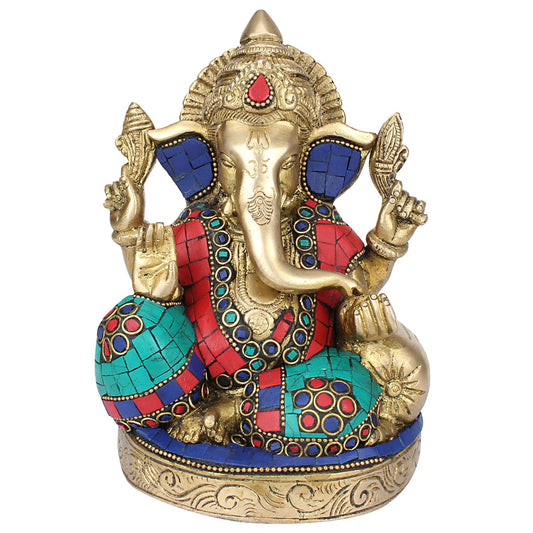 Brass Ganesha Murti Ganesh Idol Statue Figurine for Puja Decor Gift 7 Inch Multicolor