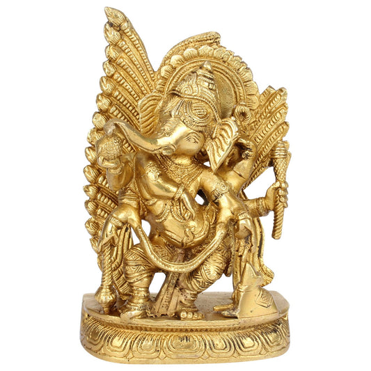 Brass Ganesha Murti Dancing Ganesh with Mooshak Idol Statue Figurine for Puja Decor Gift 7 Inch Gold Color 1.6 Kg