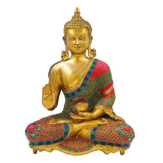 Brass Gautam Buddha Idol Statue Murti Draped in Stone Embellished Shawl for Home Decoration Blessing Buddha Height 16...