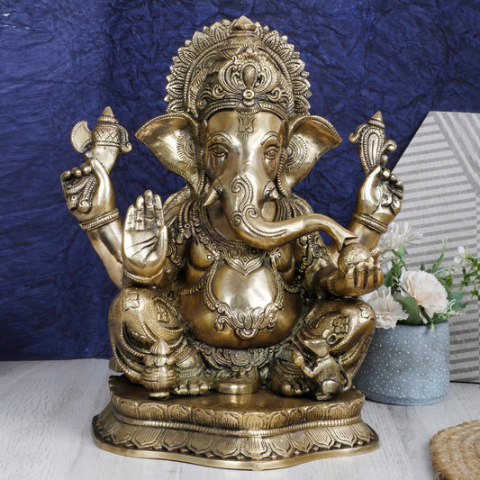 Brass Ganesha Idol for Puja Home Decoration Ganpati Statue Murti for Gift Height 16 Inch Weight 14 Kg Color Antique Gold