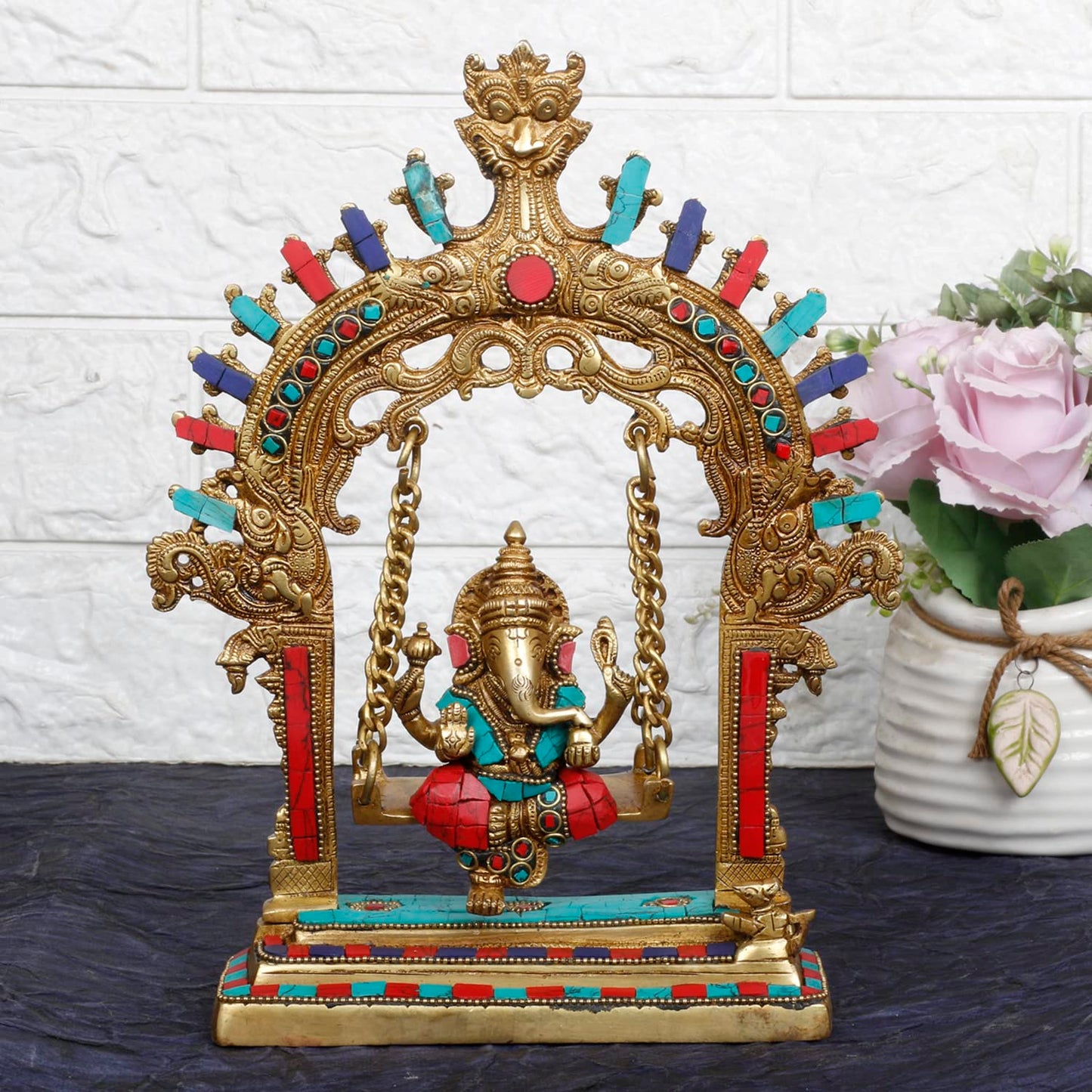 Brass Lord Ganesha Jhula Idol for Gift Ganpati Statue Puja Home Decor Office Decoration Vinayaka Murti Jhoola Swing 1...