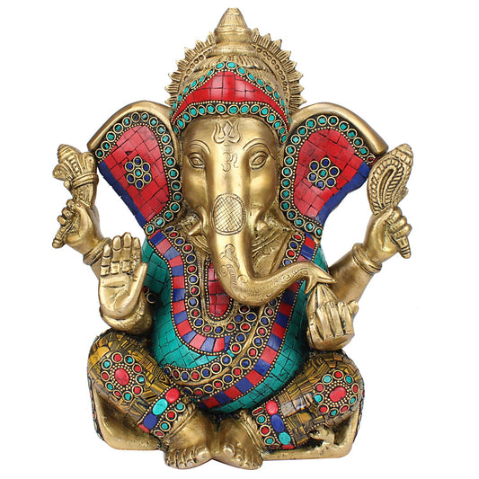 Brass Ganesha Murti Big Ear Ganesh Idol Statue Figurine for Puja Decor Gift 11 Inch Multicolor