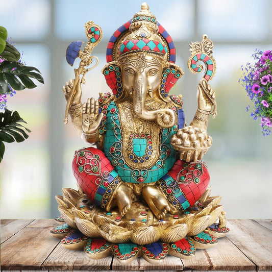 Brass Ganesha Idol for Home Decoration Ganpati Statue Murti for Gift Height 11 Inch Weight 7.8 Kg Color Multicolor