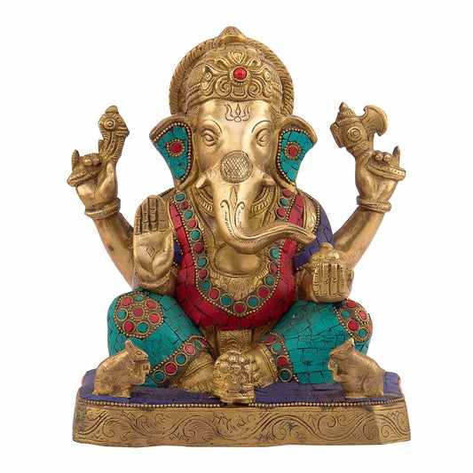 Brass Ganesha Idol for Home Decoration Ganpati Statue Murti for Gift Height 8.5 Inch Weight 4 Kg Color Multicolor