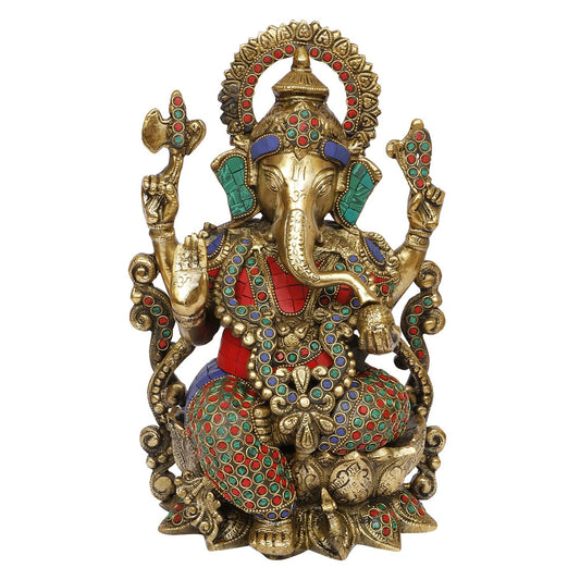 Brass Ganesha Idol On Lotus for Home Decoration Ganpati Statue Murti for Gift Height 12 Inch Weight 7 Kg Color Multicolor