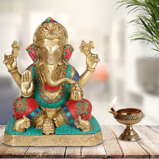 Brass Ganesha Idol for Home Decoration Ganpati Statue Murti for Gift Height 8.5 Inch Weight 4.7 Kg Color Multicolor