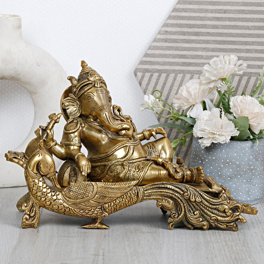 Brass Ganesha Idol on Peacock Singhasan for Home Decoration Ganpati Statue Murti for Gift Height 7.5 Inch Weight 4.5 Kg