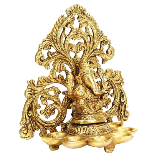 Brass Ganesha 5 Wicks Diya Wall Hanging Diya Lord Ganesh Oil Lamp Deepak Showpiece Decor Gift Diwali 6.5 Inch