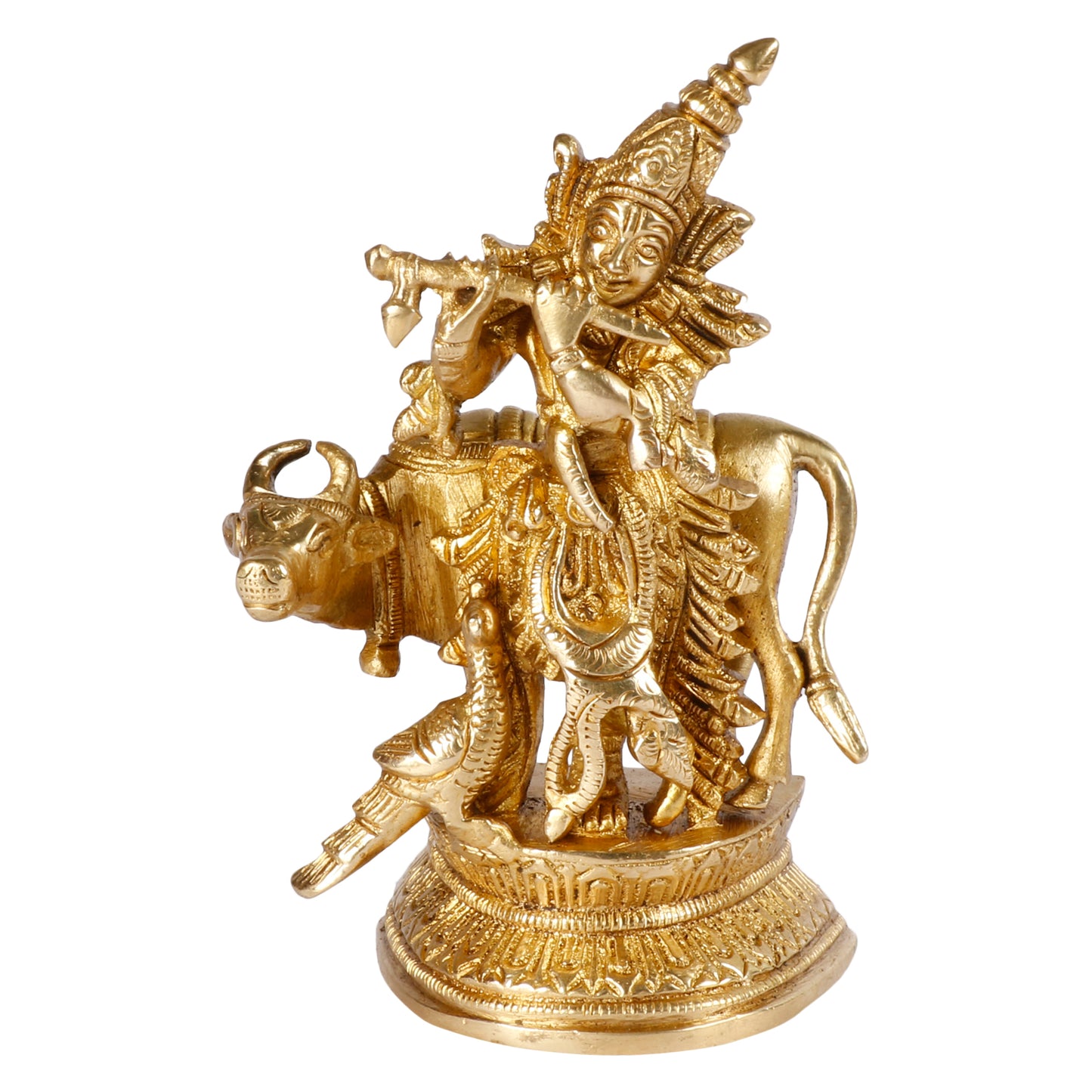 Brass Krishna Bhagwan Idol with Gau Mata in Gold Color Height 5 Inch