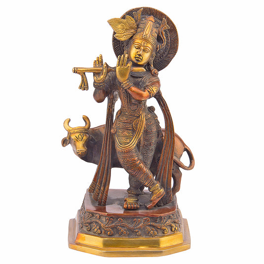 Brass Krishna Bhagwan Idol with Gau Mata in Bronze Color Height 5.5 Inch