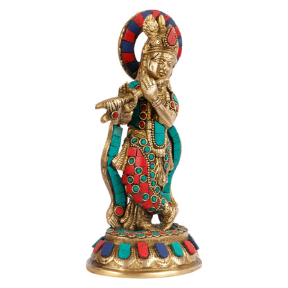 SVARUP Brass Gemstone Work Krishna Playing on Flute Sculpture Multicolor Standard, Pack of 1 Height 8.5 Inch