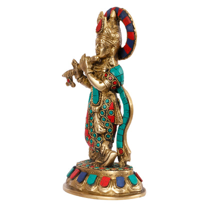 SVARUP Brass Gemstone Work Krishna Playing on Flute Sculpture Multicolor Standard, Pack of 1 Height 8.5 Inch