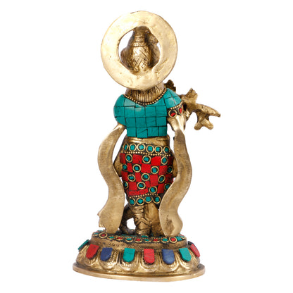 SVARUP Brass Gemstone Work Krishna Playing on Flute Sculpture Multicolor Standard, Pack of 1 Height 8.5 Inch