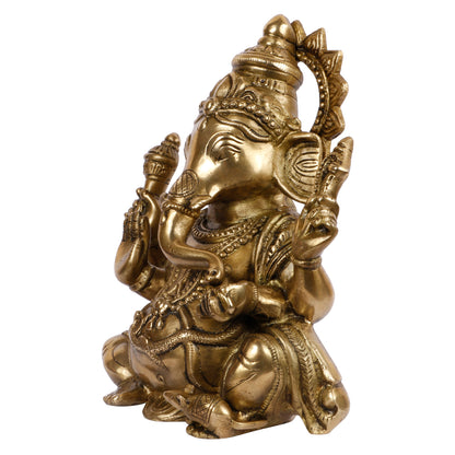 Brass Sitting Ganesha Idol In Gold Color Height 7.5 Inch Weight 1.6 Kg