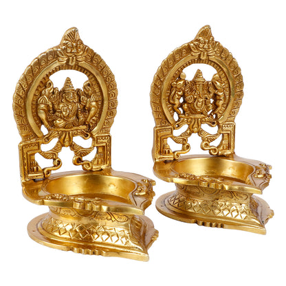 Set of 2 Gold Color Brass Laxmi Ganesh Oil Diyas: Perfect for Puja, Aarti, Camphor Burning, and Table Stand