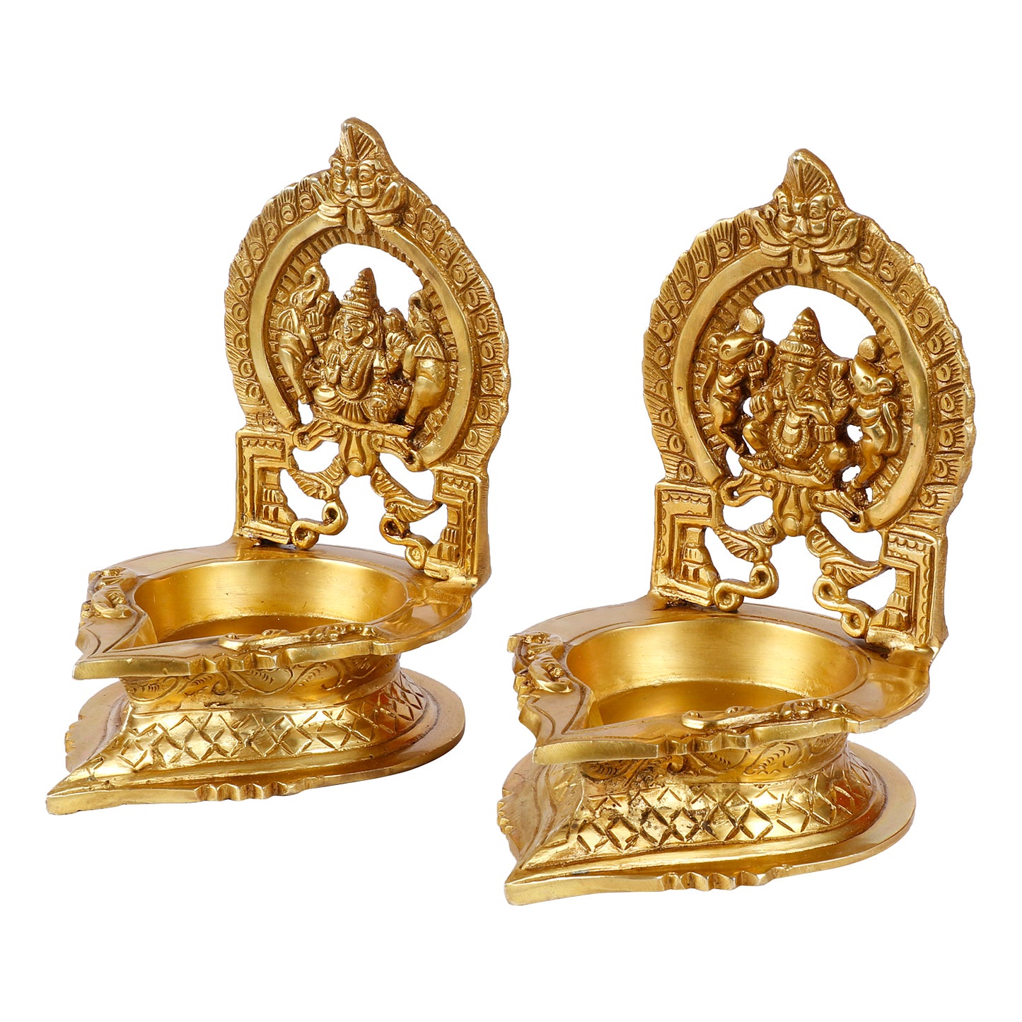 Set of 2 Gold Color Brass Laxmi Ganesh Oil Diyas: Perfect for Puja, Aarti, Camphor Burning, and Table Stand