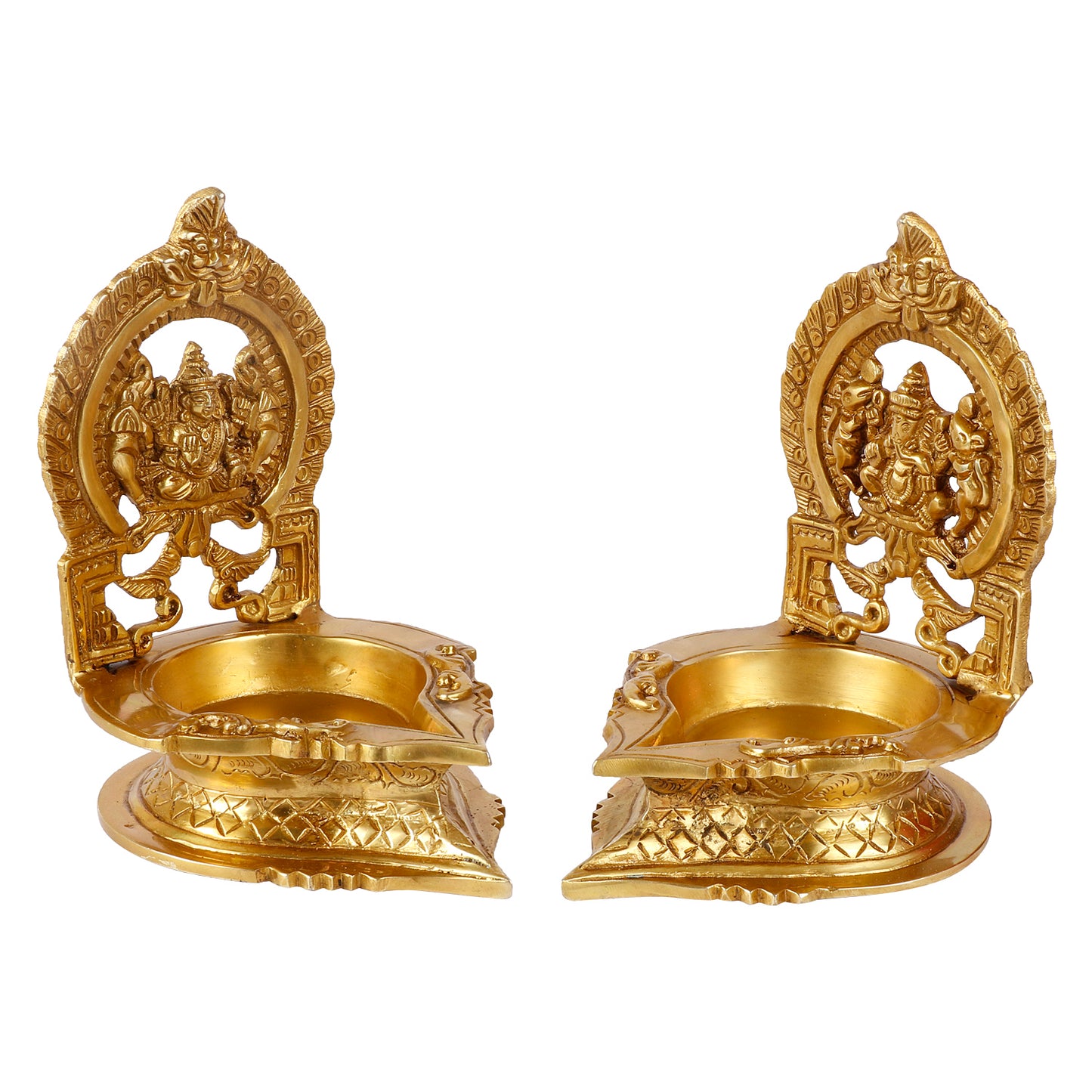 Set of 2 Gold Color Brass Laxmi Ganesh Oil Diyas: Perfect for Puja, Aarti, Camphor Burning, and Table Stand