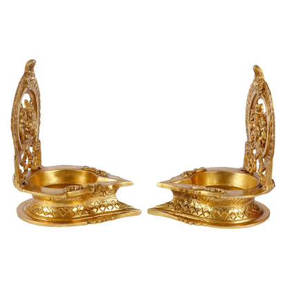 Set of 2 Gold Color Brass Laxmi Ganesh Oil Diyas: Perfect for Puja, Aarti, Camphor Burning, and Table Stand