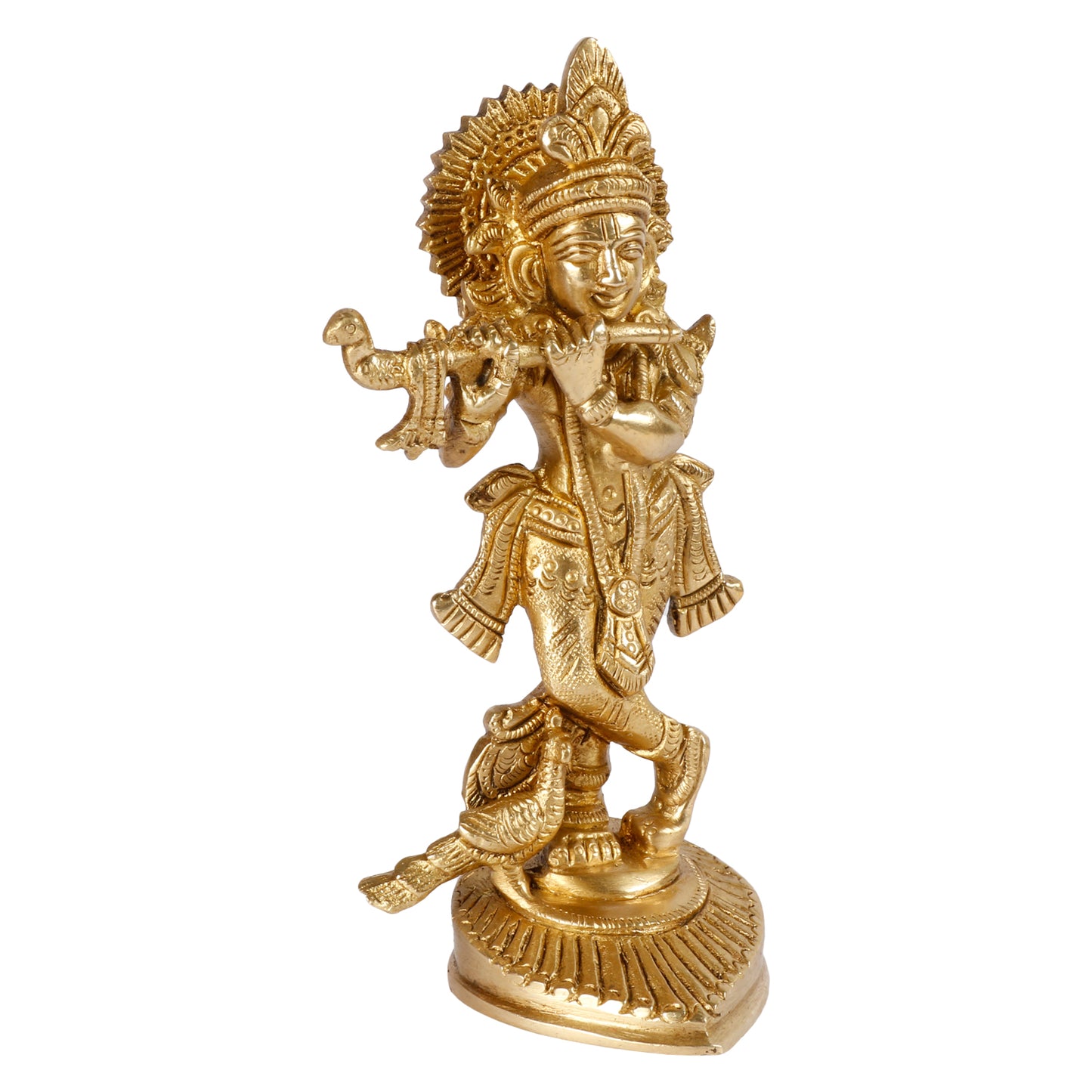 Brass Krishna Murti with Peacock in Gold Color Height 6 Inch