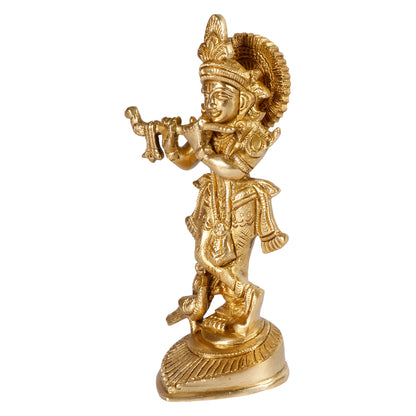 Brass Krishna Murti with Peacock in Gold Color Height 6 Inch