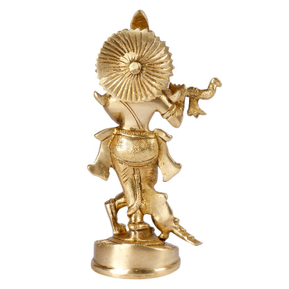 Brass Krishna Murti with Peacock in Gold Color Height 6 Inch